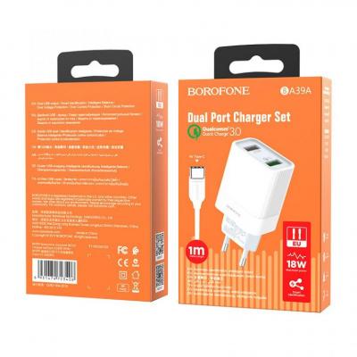 Bộ Cóc Cáp S​ạc Nhanh QC3.0 BA39A Borofone - 2 cổng sạc - cổng Type-C chuẩn EU